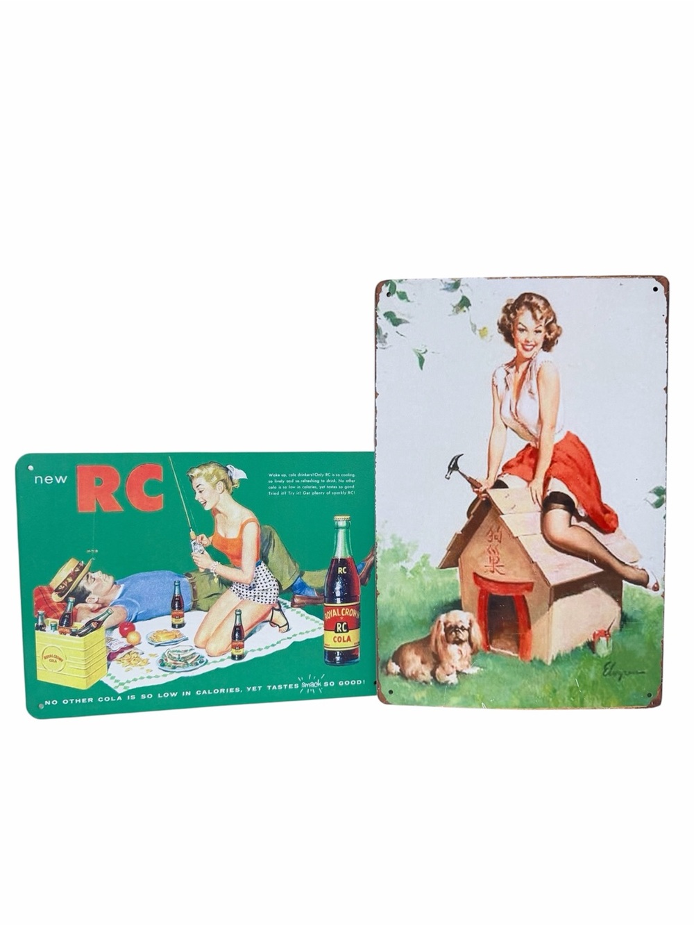 Vintage Metal Pin Ups Decorative Signs LOT X 2 LIKE NEW